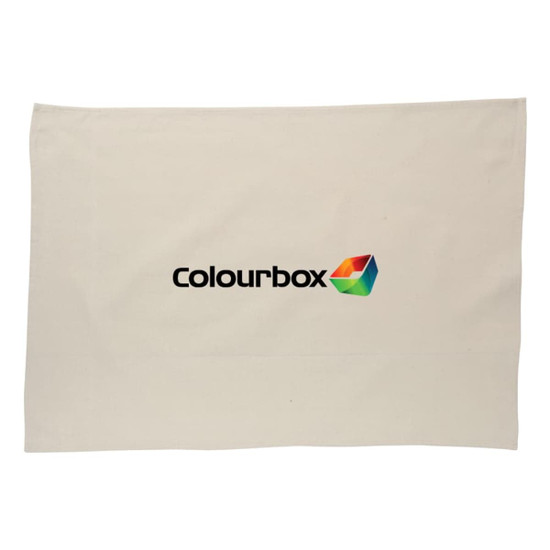 A cotton tea towel in cream colour featuring a logo design.