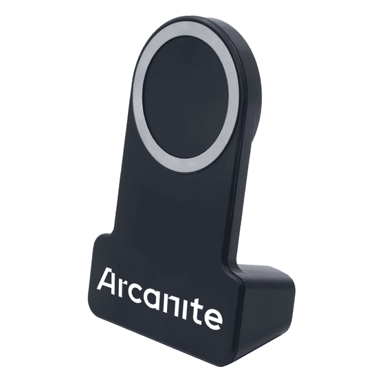 A wireless charger in black with a circular charging pad and a logo on the base.