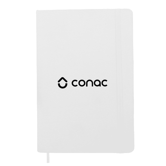 A white notebook with a logo on the cover and a ribbon marker. Suitable for office and business use.