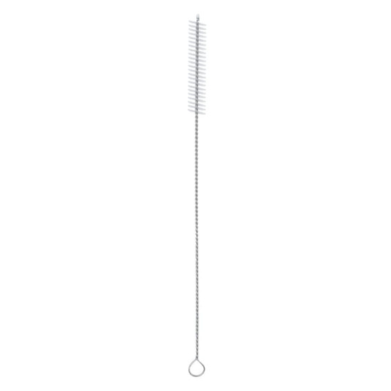A cleaning brush with a long handle and bristles at the top, featuring a loop at the bottom for grip.