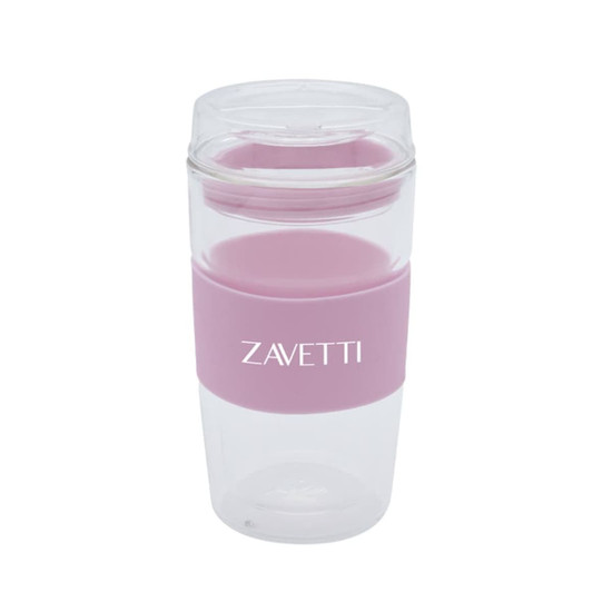 A reusable coffee cup in clear and pink, featuring a silicone band and a lid, with a logo on the side.