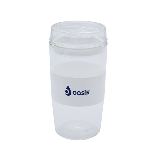 A reusable coffee cup in clear and white, featuring a logo and a cylindrical shape.
