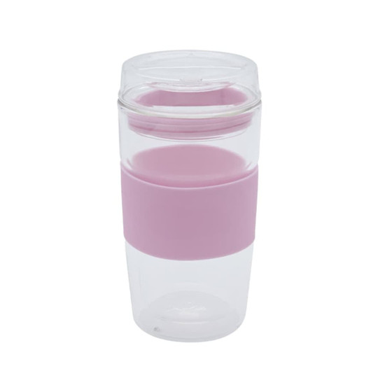 A reusable coffee cup in clear and light pink with a silicone sleeve and a lid featuring a logo.
