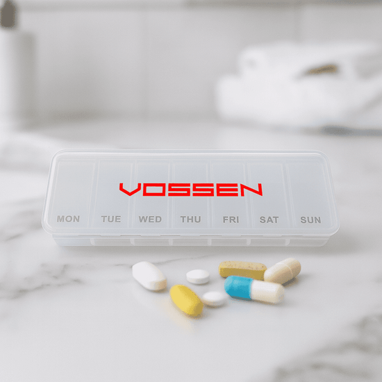 A transparent pill box with compartments for each day of the week, featuring various coloured pills beside it. It has a logo.