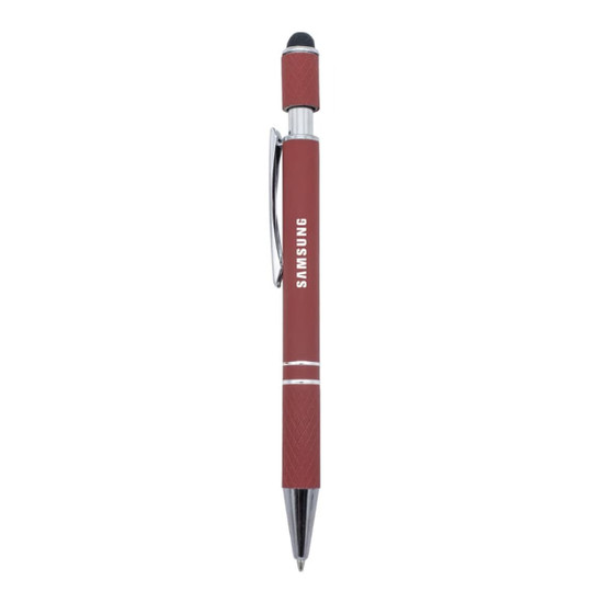 A metal pen in a deep red colour with a silver clip and an accompanying stylus tip, featuring a logo.