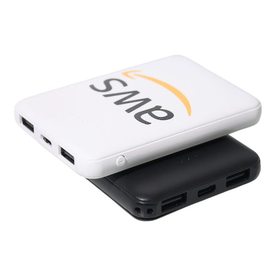 A white and black power bank featuring multiple USB ports and a logo on the front.