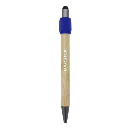 A bamboo pen featuring a blue grip and a black tip, with a logo displayed on the barrel.