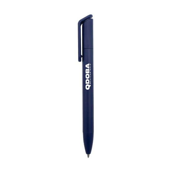 A dark blue ballpoint pen with a clip and a logo on the barrel.