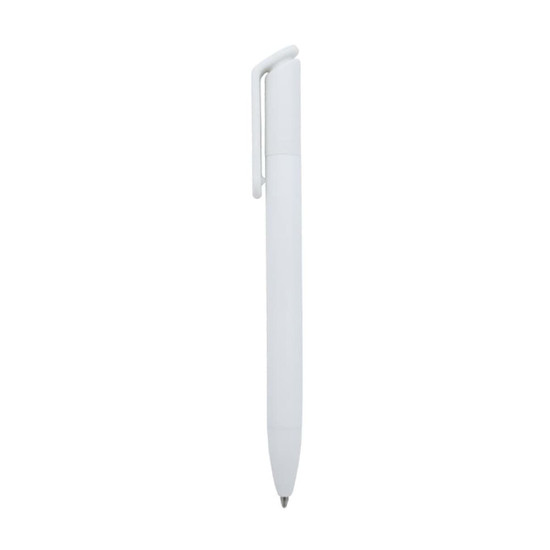 A sleek white ballpoint pen featuring a clip and a simple design, with a branding logo visible.