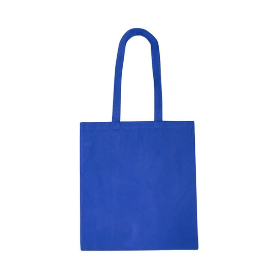 A blue recycled cotton tote bag with long handles and a logo on one side.