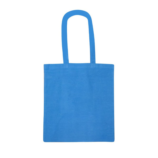 A blue recycled cotton tote bag with long handles and a simple design. It features a small logo.