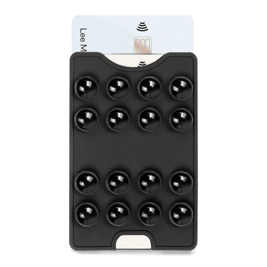 A black suction phone wallet with multiple suction cups and a card slot at the top. It has a logo on the back.