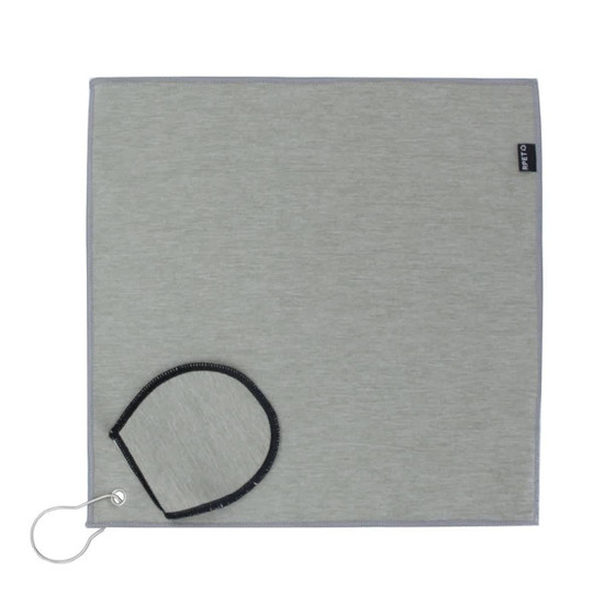 A grey golf towel with a black loop and branding tag, featuring a sleek and simple design.