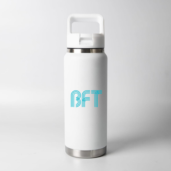 A drink bottle in matte white with a stainless steel base and a blue logo featuring the letters "BFT."