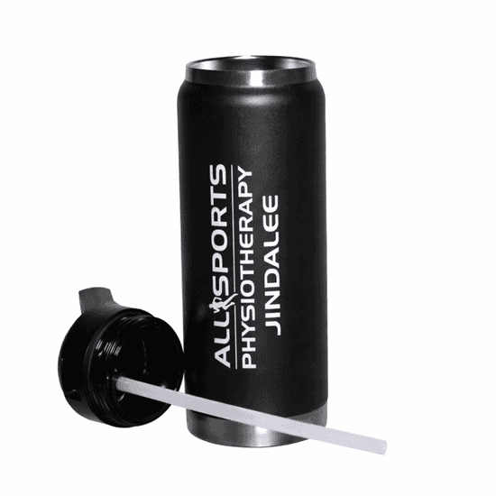 A drink bottle in black with a removable lid and straw, featuring a logo on its surface.