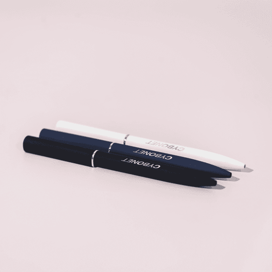 A set of metal pens in black and white with a mirror finish, featuring a branding logo.