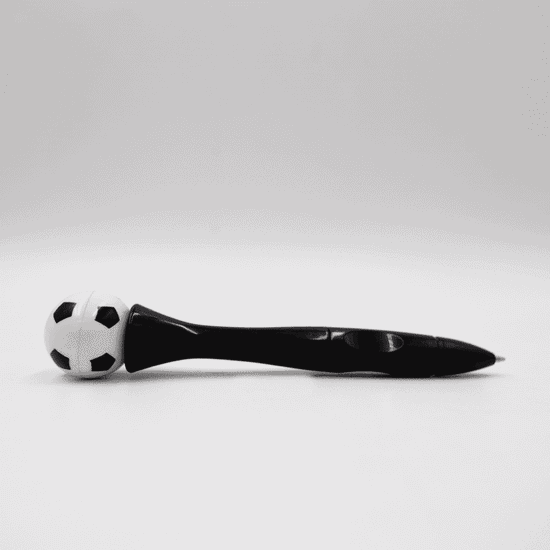A black pen with a soccer ball design on top, featuring a glossy finish and a click mechanism.