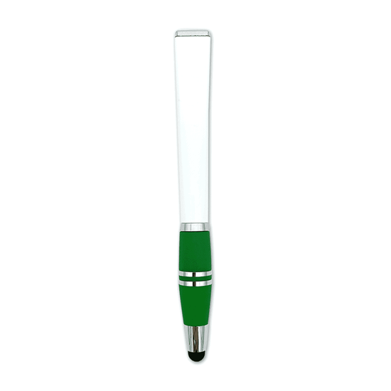 A stylus pen with a green grip and a clear barrel, featuring a metallic tip and an end designed for touchscreen use.