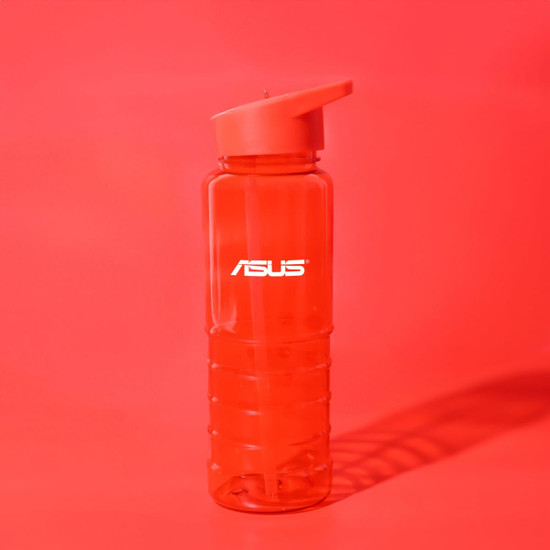 A drink bottle in transparent red plastic, featuring a flip-top lid and a visible logo.