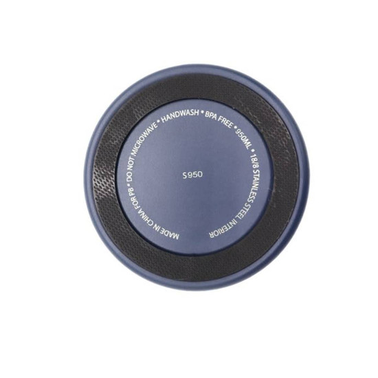 A blue pet bowl with a textured bottom, featuring a stainless steel interior and a branding logo.