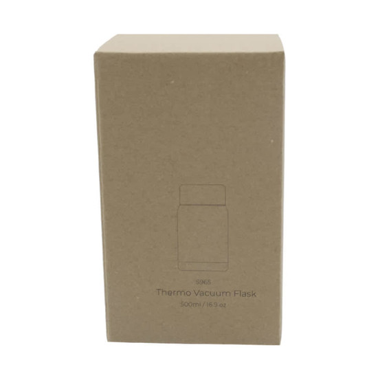 A drink bottle in a cardboard box, featuring a simple design with a vacuum flask and a light brown colour.