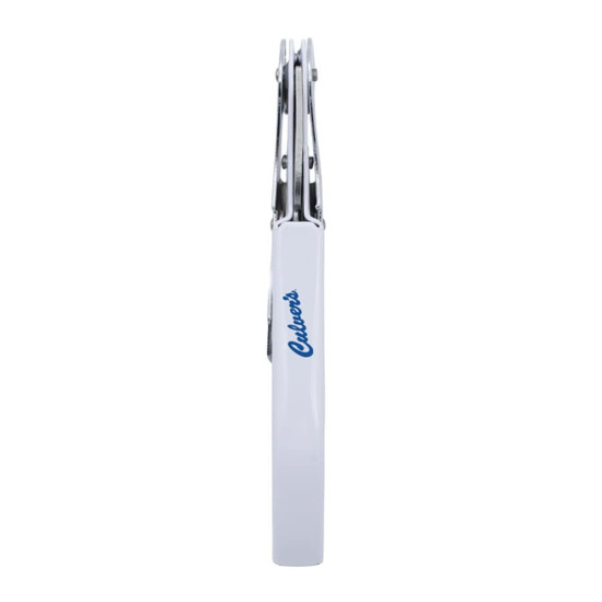 A drink bottle opener in white with silver detailing and a logo on the side, designed for keyring attachment.