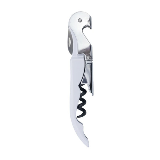 A drink bottle opener in silver and white with a corkscrew and a knife, featuring a logo on the handle.