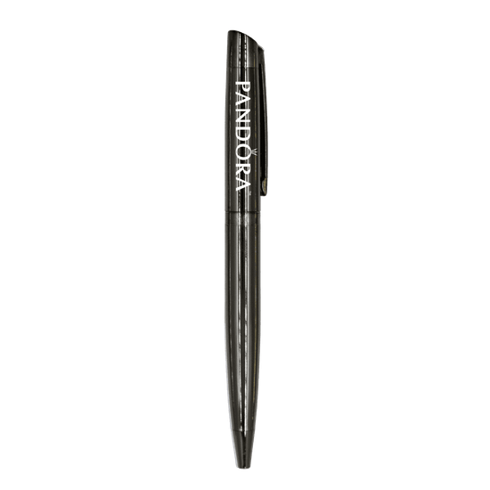 A metallic black ballpoint pen with a clip and a logo, featuring a sleek and elegant design.