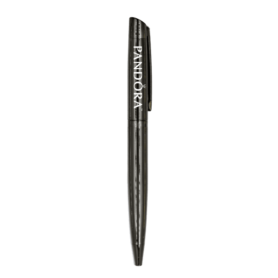 A metallic black ballpoint pen with a clip and a logo, featuring a sleek and elegant design.