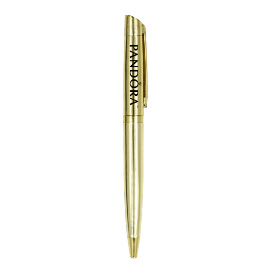 A gold metal ball pen with a clip and a logo on the body.
