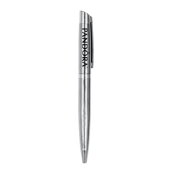 A silver metal ball pen with a clip and a logo on the side. The pen has a sleek and polished design.