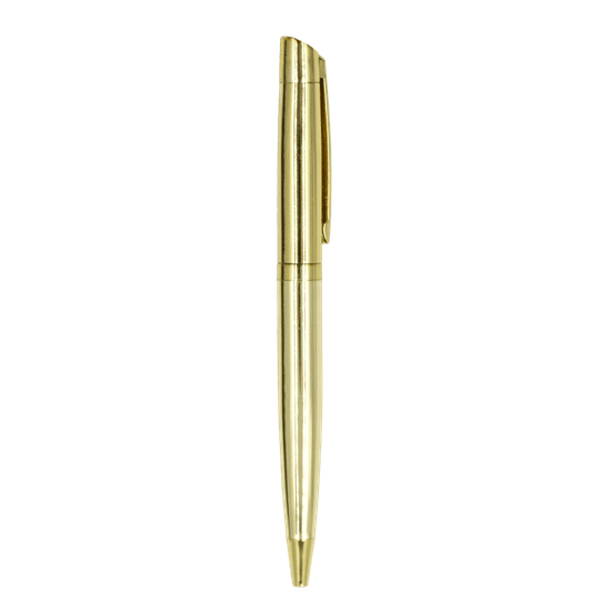 A golden metal ballpoint pen featuring a sleek design and a pocket clip. It has a logo on the barrel.