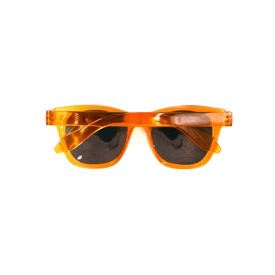 Bright orange polarised sunglasses with dark lenses, featuring a sleek design and a logo on the side.
