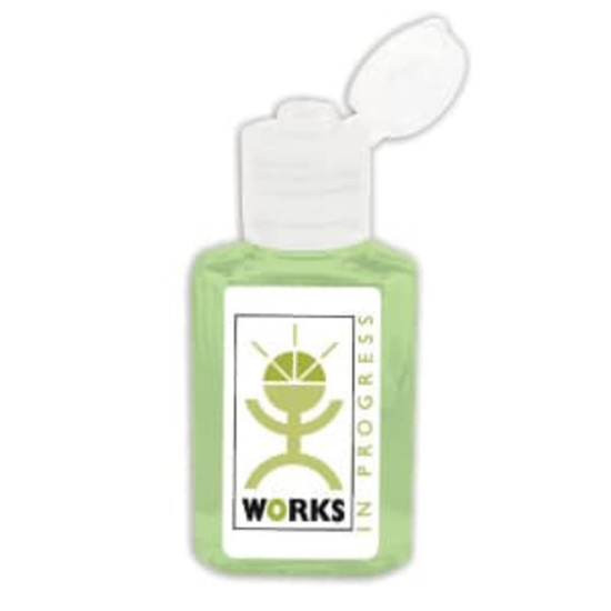A small, clear bottle of green hand sanitiser gel containing 75% ethyl-alcohol and featuring a logo.