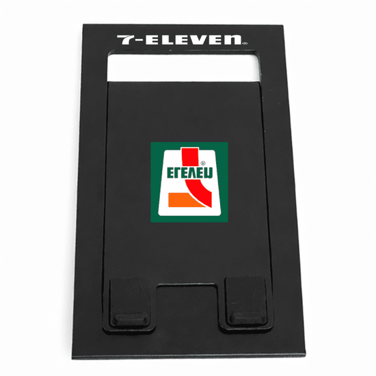 A black foldable phone stand featuring a logo on the front. The design is sleek and minimalist.