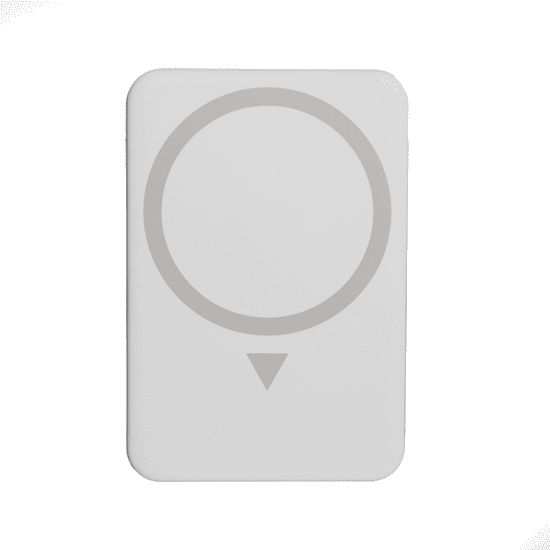 A white wireless charging power bank featuring a circular design and a directional indicator. It has a logo on the surface.