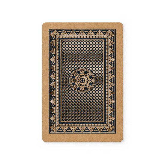 A playing card features a navy blue design with intricate patterns on a kraft background. It includes a branding logo.
