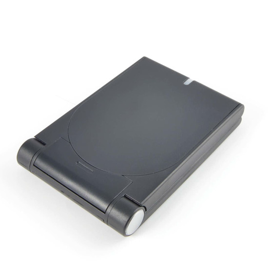 A wireless charger in a sleek black design, featuring a rounded edge and a compact, portable form.