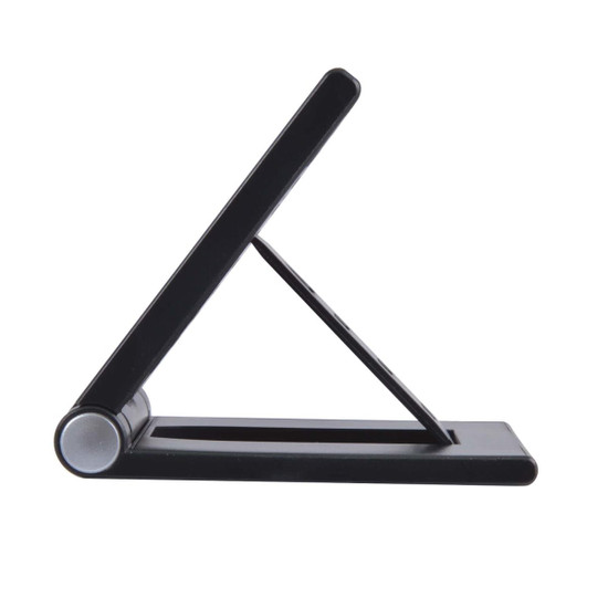 A black wireless charger with a sleek, foldable design and a circular base. It has a minimalist appearance.