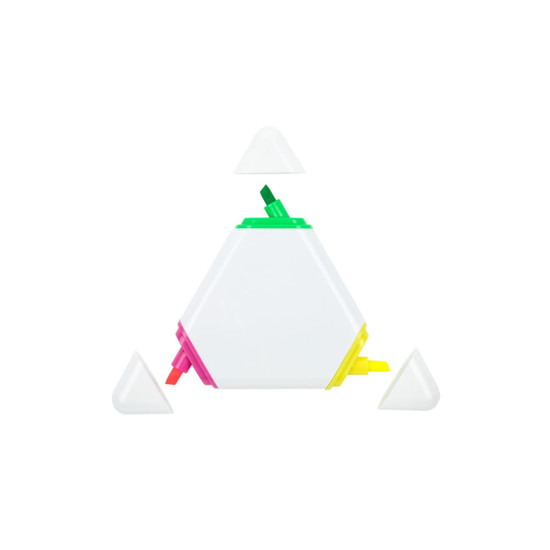 A highlighter set featuring a hexagonal design with pink, green, yellow, and white colors, including removable caps.