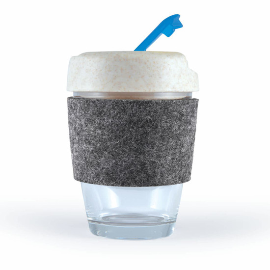 A reusable coffee cup featuring a clear glass base, a textured gray RPET band, and a white lid with a blue straw.