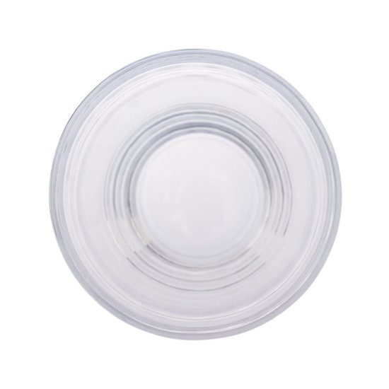 A clear reusable coffee cup with a flip lid and a textured RPET band. The view is from above, showcasing its circular design.