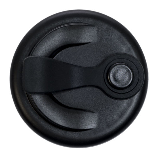 A black snap lid designed for a reusable coffee cup, featuring a secure closure and a textured grip.