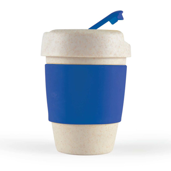 A reusable coffee cup with a light beige body, blue silicone band, and a blue lid. It features a logo.