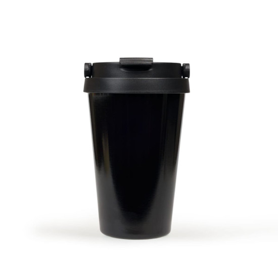 A black vacuum cup with a secured lid, featuring a sleek, glossy finish and a branding logo.