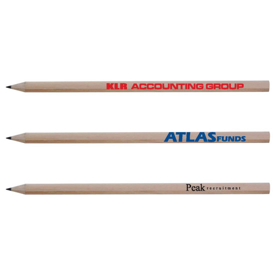 Three sharpened timber pencils in natural wood color, featuring various branding in red, blue, and black ink.