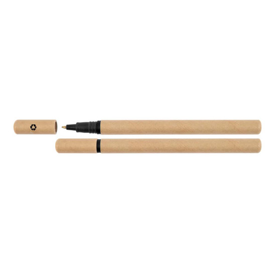 A cardboard pen with a black tip and cap, featuring a recycling symbol on it.