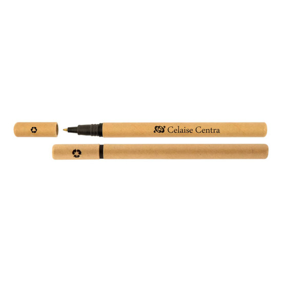 A cardboard pen featuring a black tip and a removable cap, with a logo printed on its body.