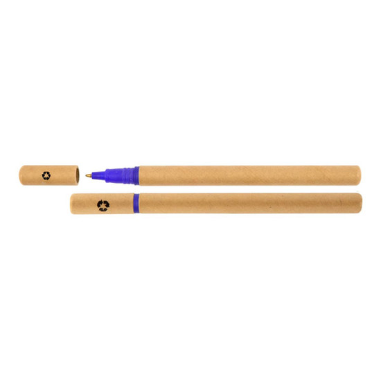A cardboard pen with a blue tip and cap, featuring a logo on the side, made from recyclable materials.