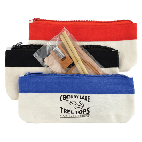 A set of three zippered pencil cases in red, black, and blue with a contents bag featuring wooden items and a sharpener.